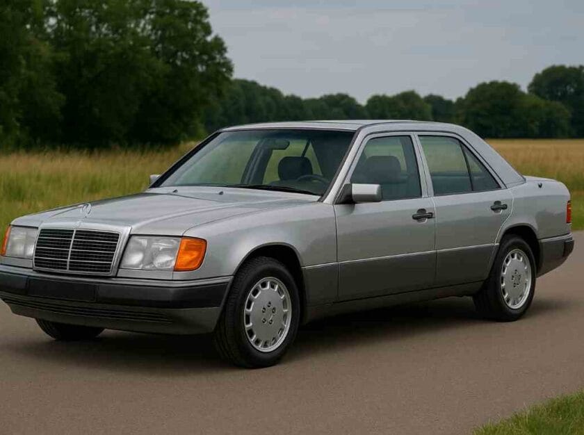 Mercedes W124 E 320 sedan in zilver, gezien van de zijkant, klassieke tijdloze styling.