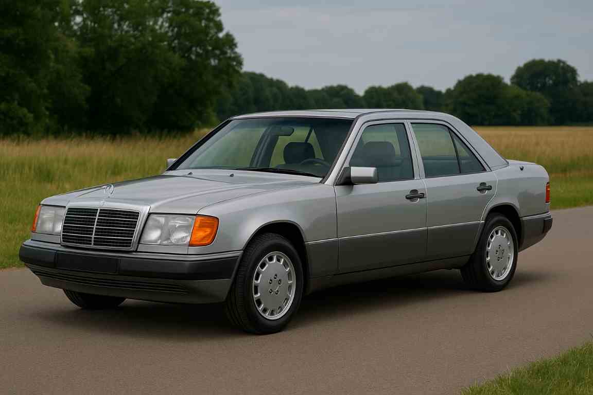 Mercedes W124 E 320 sedan in zilver, gezien van de zijkant, klassieke tijdloze styling.